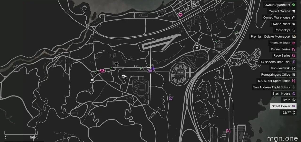 Map location of the Street Dealer to the east of the Prison in the Grand Senora Desert.