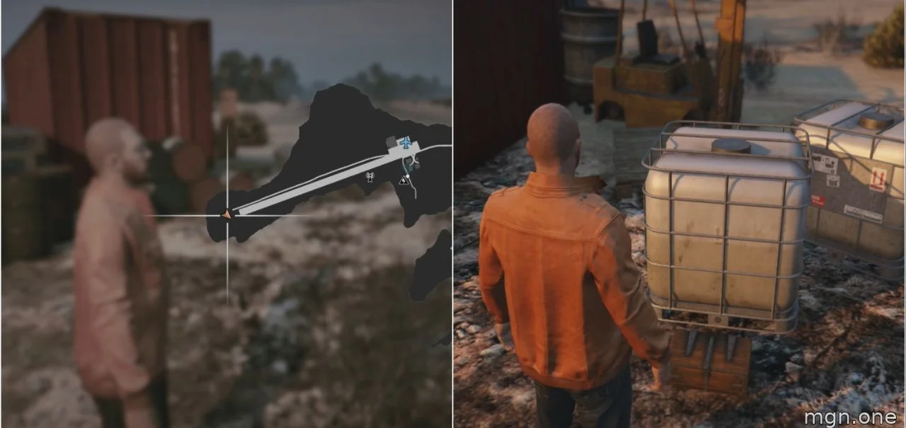Image showing the GTA Online Cayo Perico Treasure Chest located next to white containers on the island.