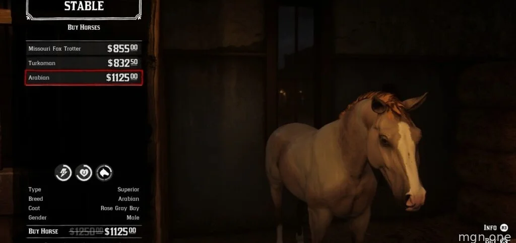 The Rose Grey Bay Arabian for sale at the Stable in Red Dead Redemption 2. 