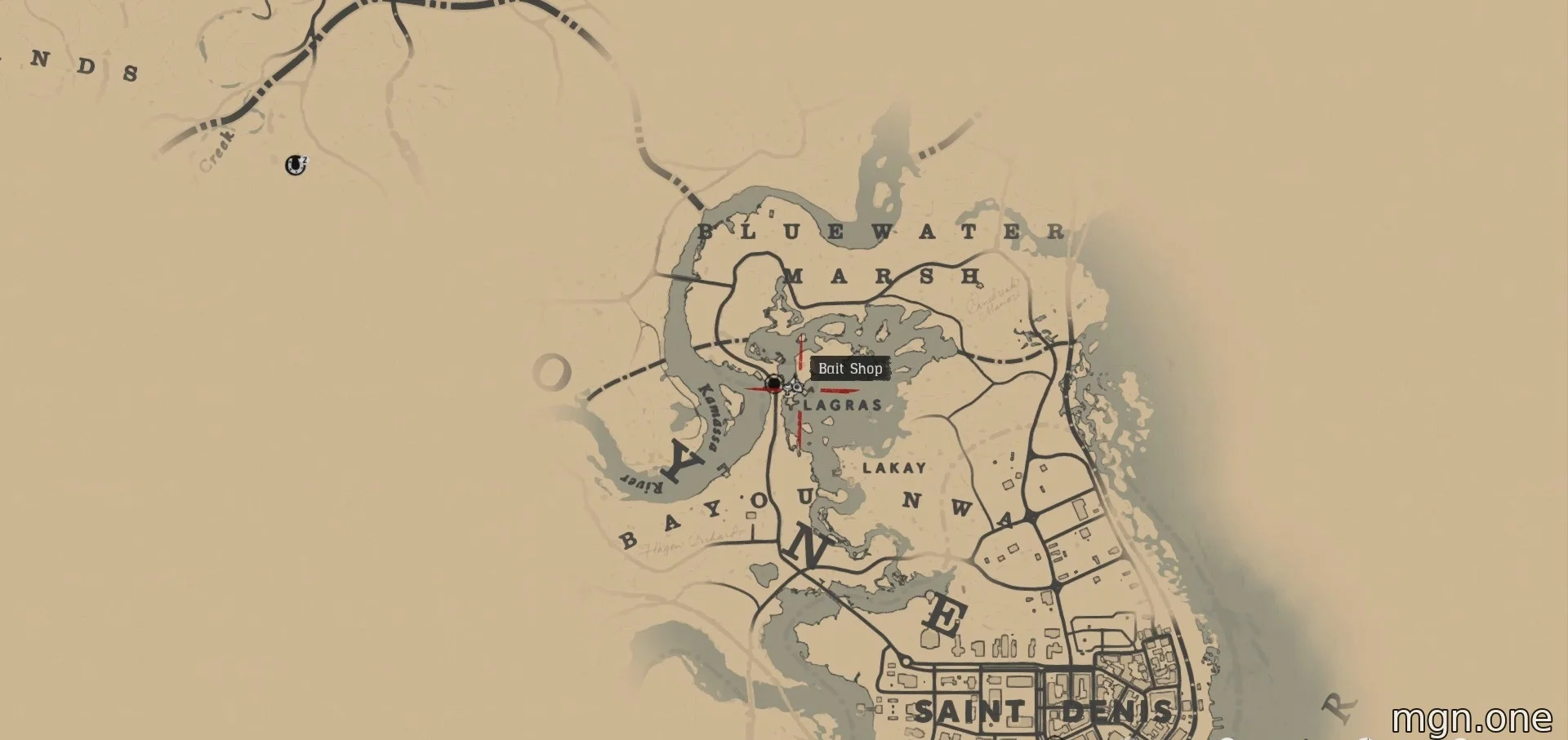 Map location of the Bait shop in Red Dead Redemption 2. 